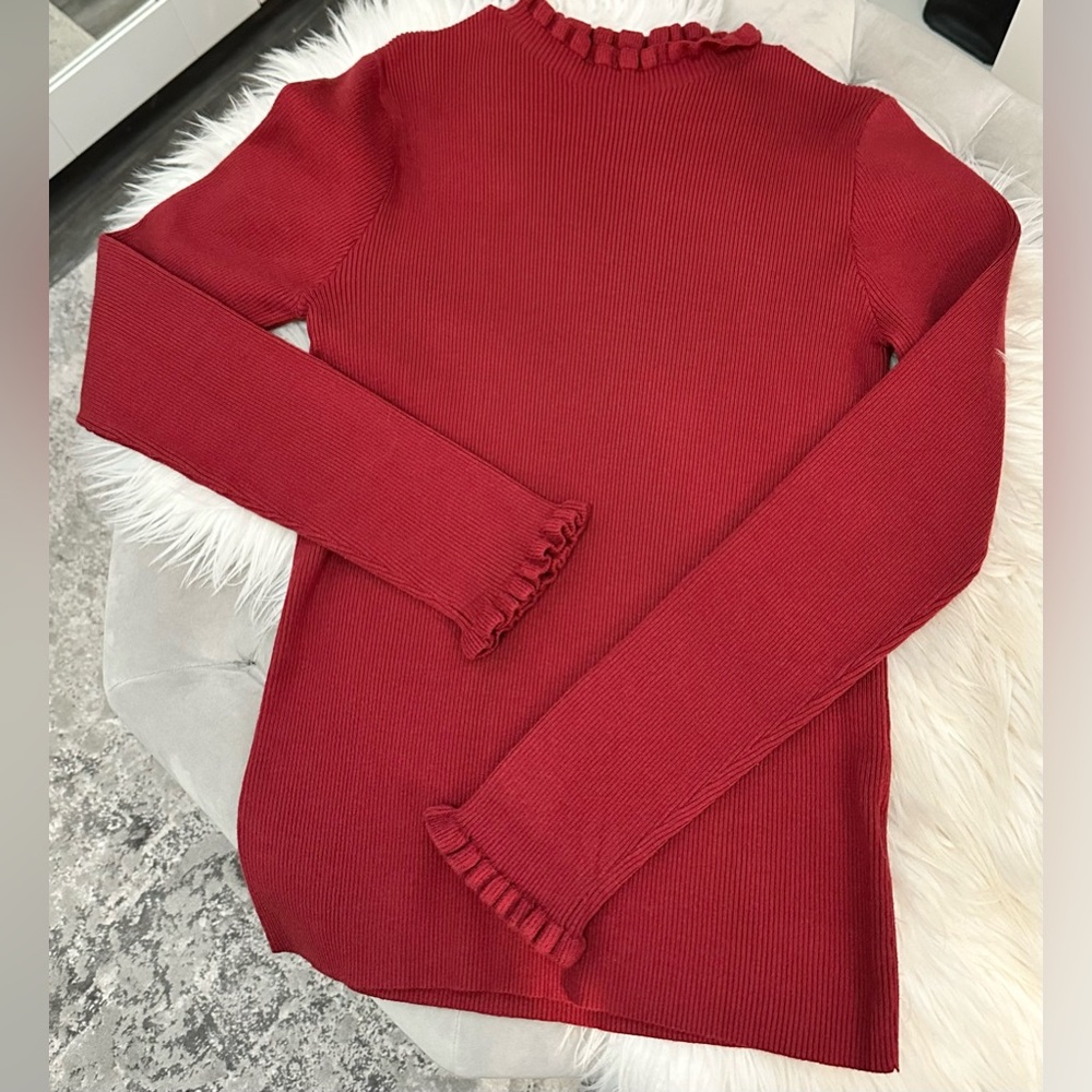 Burgundy Red Ruffle Edge Women’s Sweater Sz MED NEW!